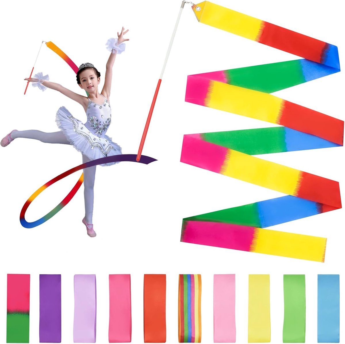 SnelShoppen - 10 kleurrijke ritmische danslinten met draaiende stok voor kinderen, gymnastiek linten ideaal voor talentenshows, kinderfeestjes en Kers