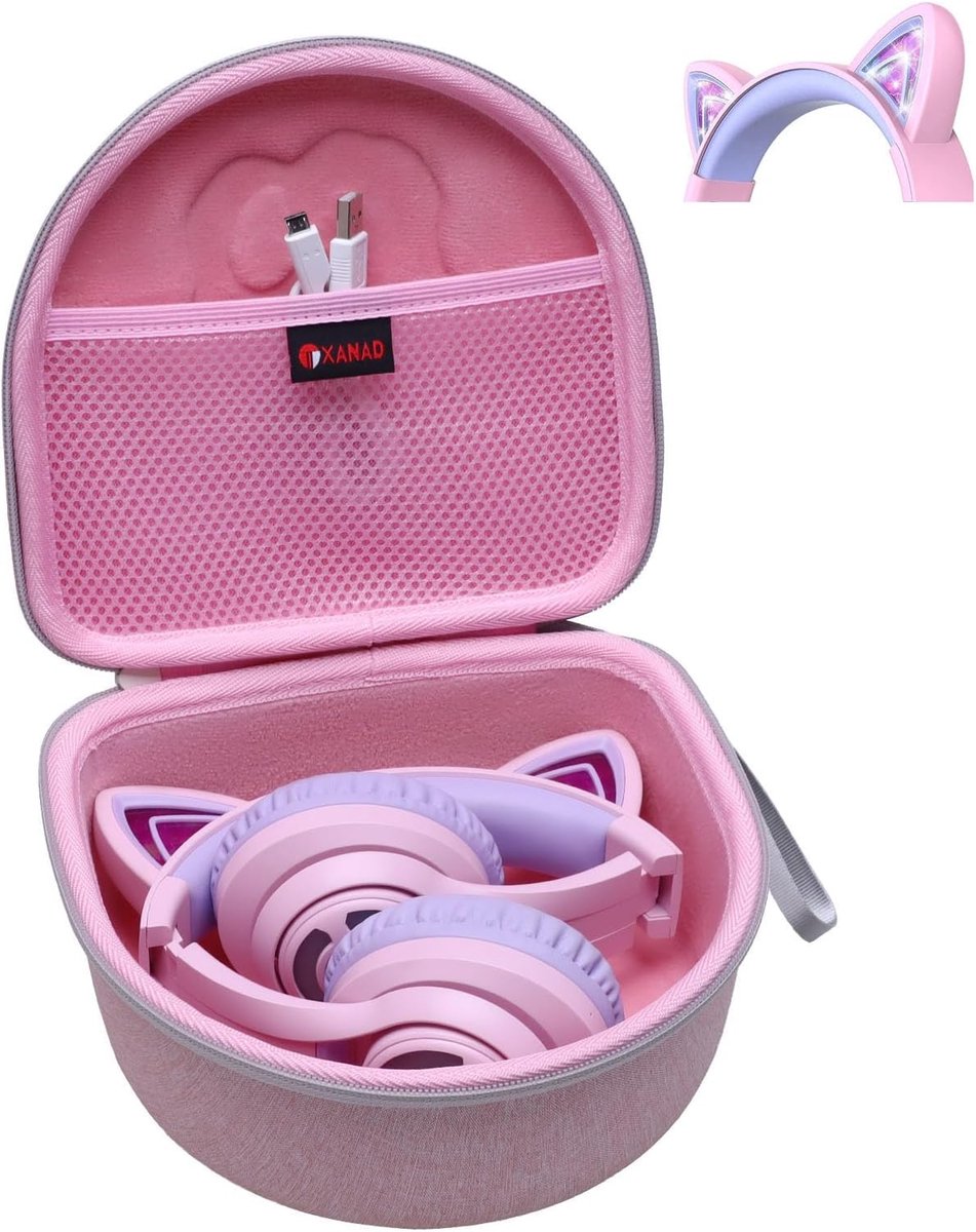SnelShoppen - Kinderen Hooftelefoon Hard Case - Beschermhoes voor Draadloze Over-Ear Hoofdtelefoons - EVA & Velvet - Roze - Ideaal voor Kinderen
