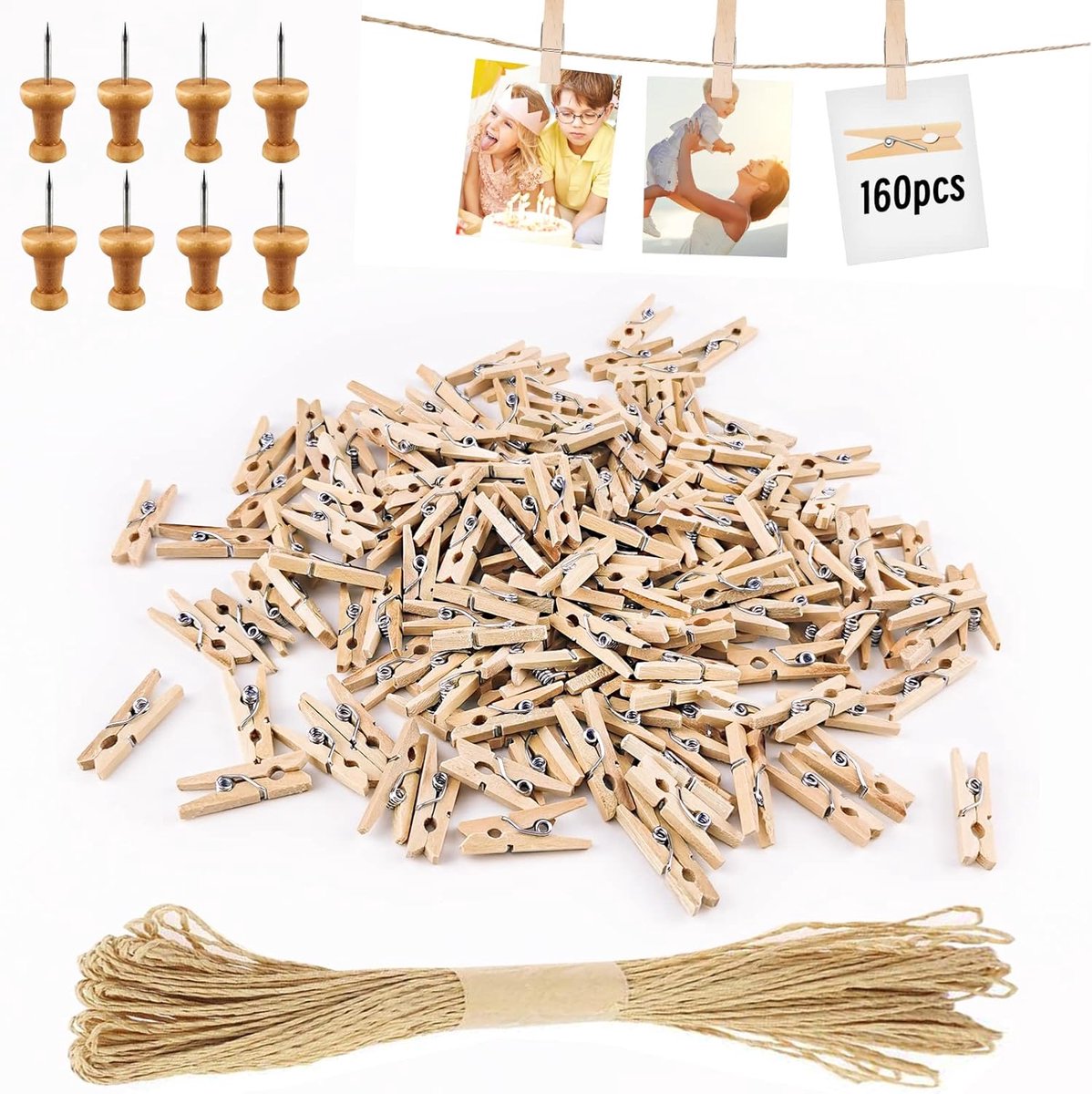 SnelShoppen - 168PCS Mini Houten Klemmen, Kleine Mini Wasknijpers, Bruiloft, Houten Klemmetjes voor Polaroid Foto's met 10M Jute Touw, DIY voor Foto W