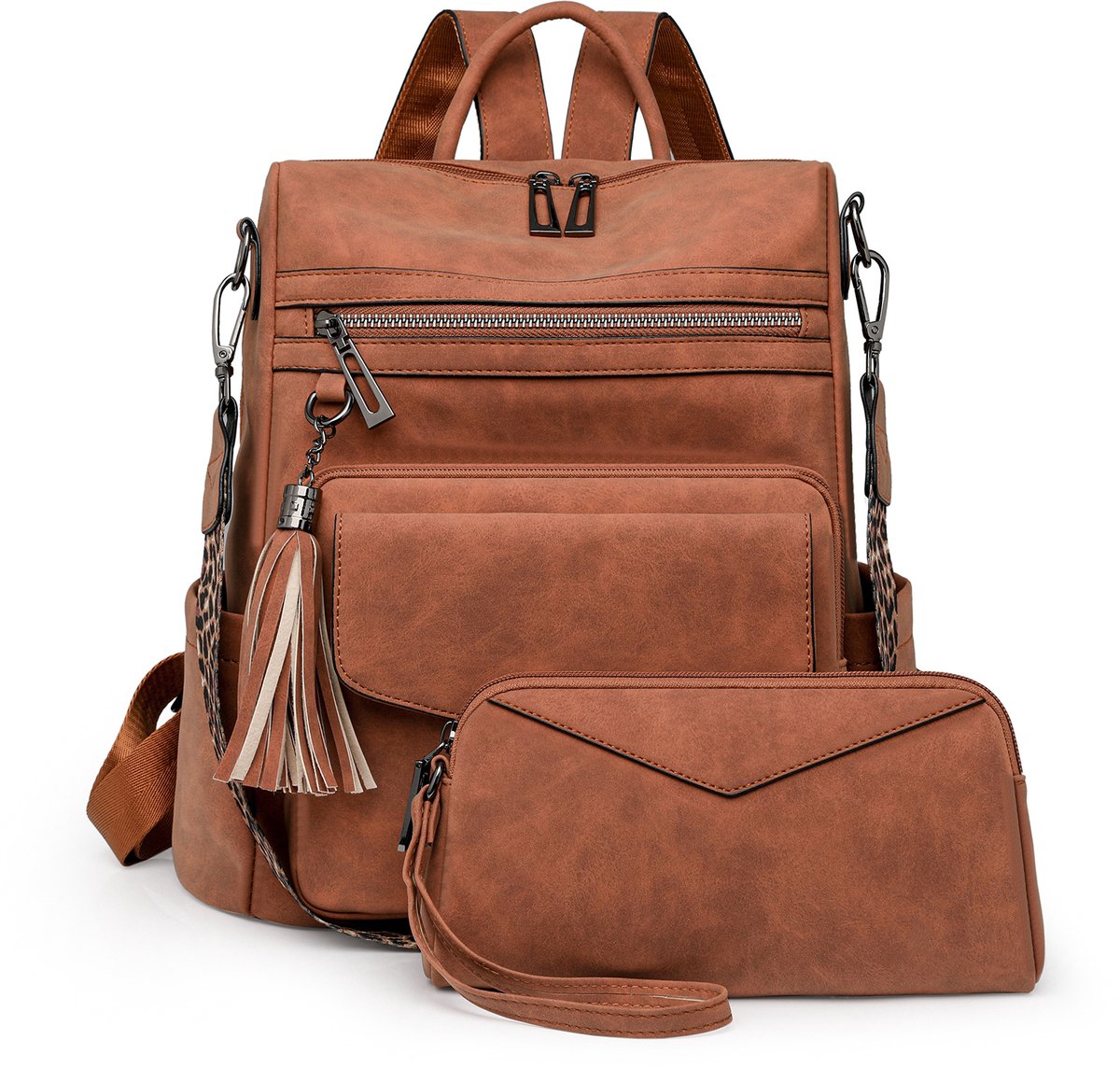 Rugzak dames – rugzak dames reizen - Rugzak dames vintage – Vintage-stijl – 11 vakken – Antidiefstalvak aan de achterzijde – Inclusief clutch & schouderriem – Geschikt voor studie, reizen en woon-werkverkeer – 32 x 14 x 33 cm – bruin
