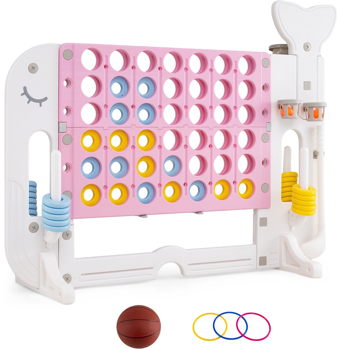 COSTWAY 4 in 1 Vier op een Rij in Walvisvorm, 4 op een Rij XXL in hoogte verstelbaar | Vier op een Rij Spel met Basketbal, Ringwerpen & Minigolf, Jumbo Bordspellen buiten voor Kinderen, Volwassenen. Roze.
