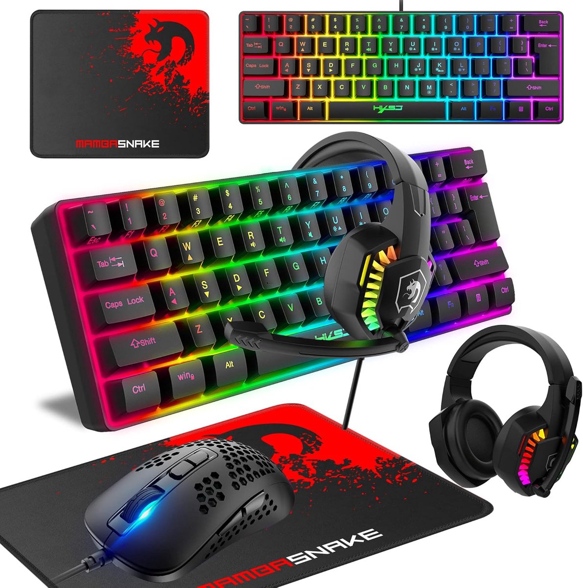 SnelShoppen - Gaming Keyboard en Mouse Set - 60% Compact Gaming Toetsenbord met 61 Toetsen, 11 RGB Backlight, Anti-Ghosting, Optische Gaming Muis, RGB