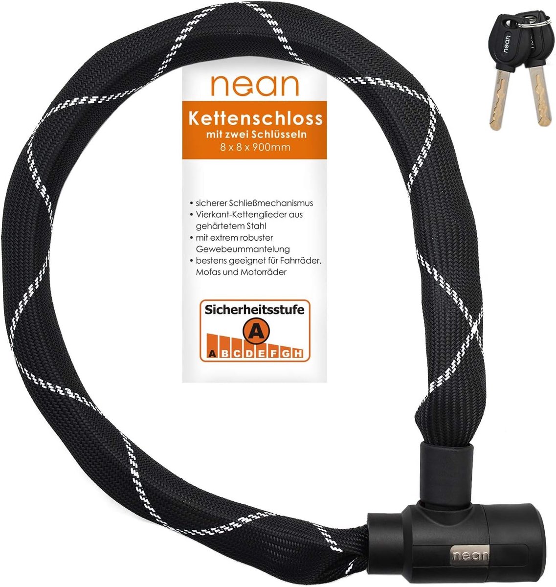 SnelShoppen - Fietsslot Kettingslot met 2 Sleutels, Hoogbeveiligd en Robuuste Fabric Sheathing, Gehard Vierkant Staal, 8x8x900 mm, Zwart voor Fietsen