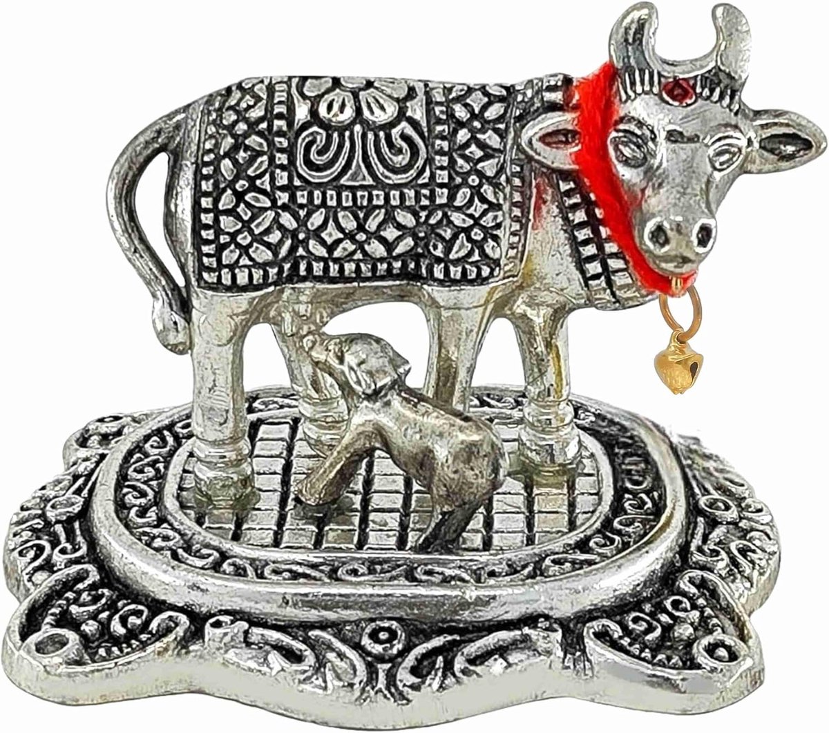 SnelShoppen - Handgemaakte Zilveren Kamdhenu Koe en Kalf Beeld | Heilig Hindoe Symbool van Welvaart en Overvloed | Decoratief Showpiece voor Thuis en