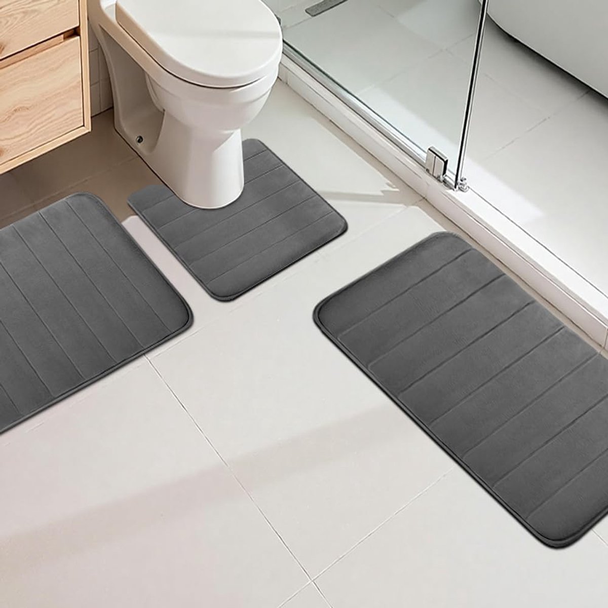 SnelShoppen - Badmatset 3-delig - Zachte Microvezel Badmatten en U-vormige WC-mat - Antislip, Wasbaar, Douchemat, Toilet- en Badmat - Donkergrijs - Id