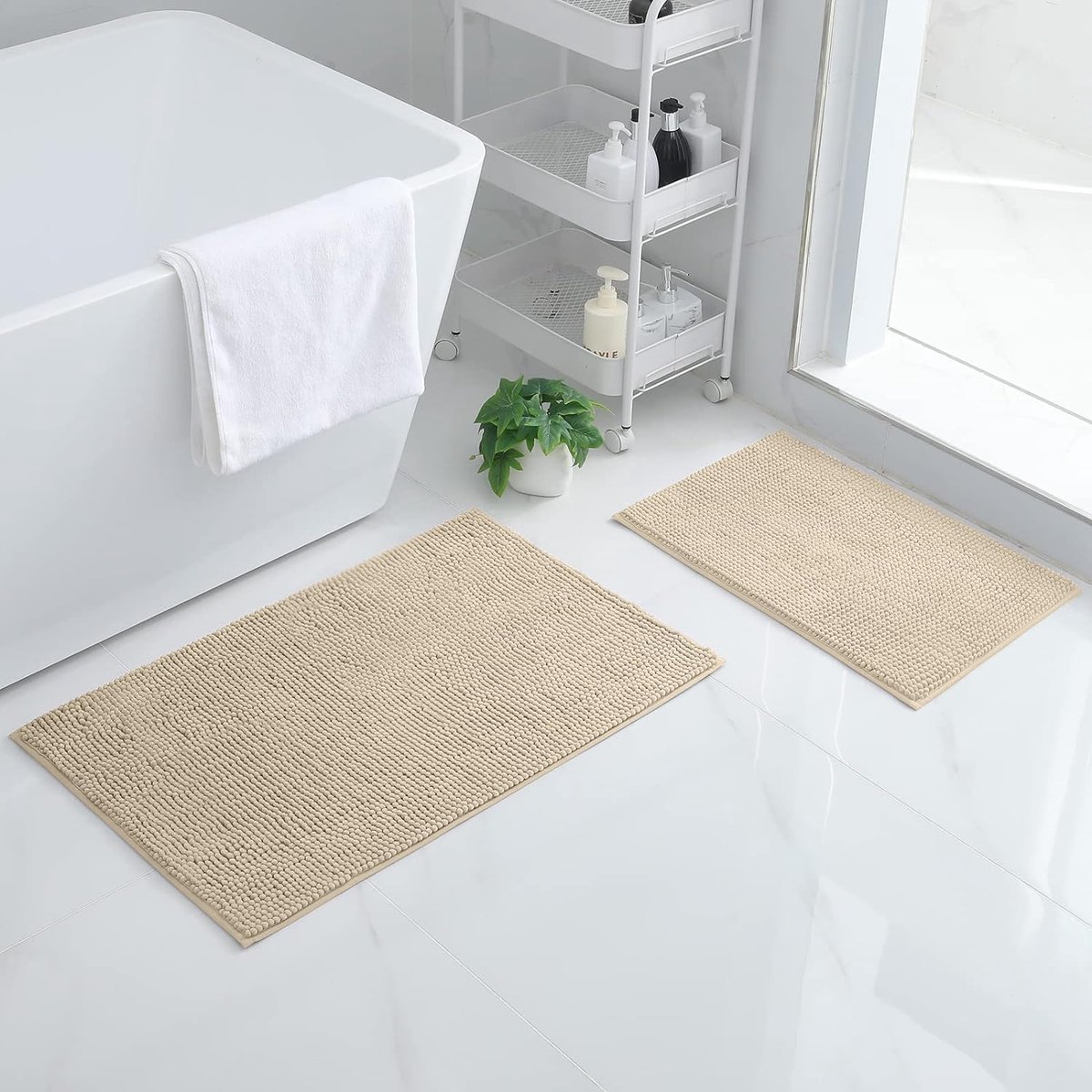 SnelShoppen - Chenille Badmat Set 2-delig Antislip Badkamer Tapijt Set Zacht Absorberend Badkleed Wasbaar 40x60cm + 50x80cm, Donkerbeige