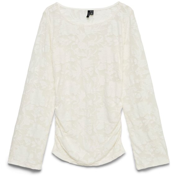 Wit, langemouw top met ronde hals, bloemenprint en gedrapeerde taille.