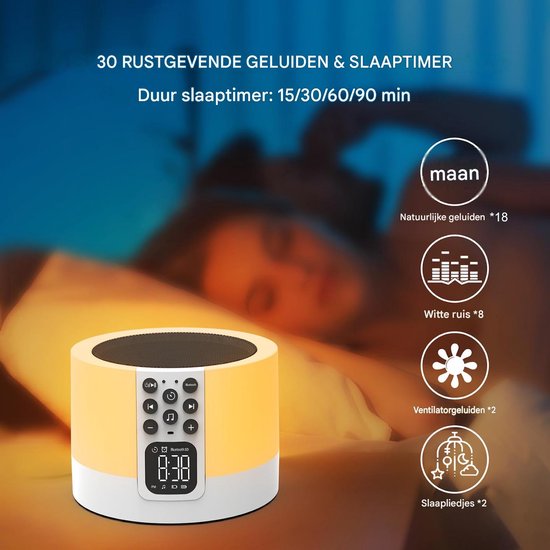 QTTVBTNA -Bluetooth Luidspreker - Nachlampje - 7 kleuren LED, 30 slaapgeluiden, timer, wekker, handsfree - Bluetooth 4.0, USB, microSD - Oplaadbaar - Voor kinderslaapkamer, reis en camping - Cadeau voor tieners en volwassenen — afbeelding 2