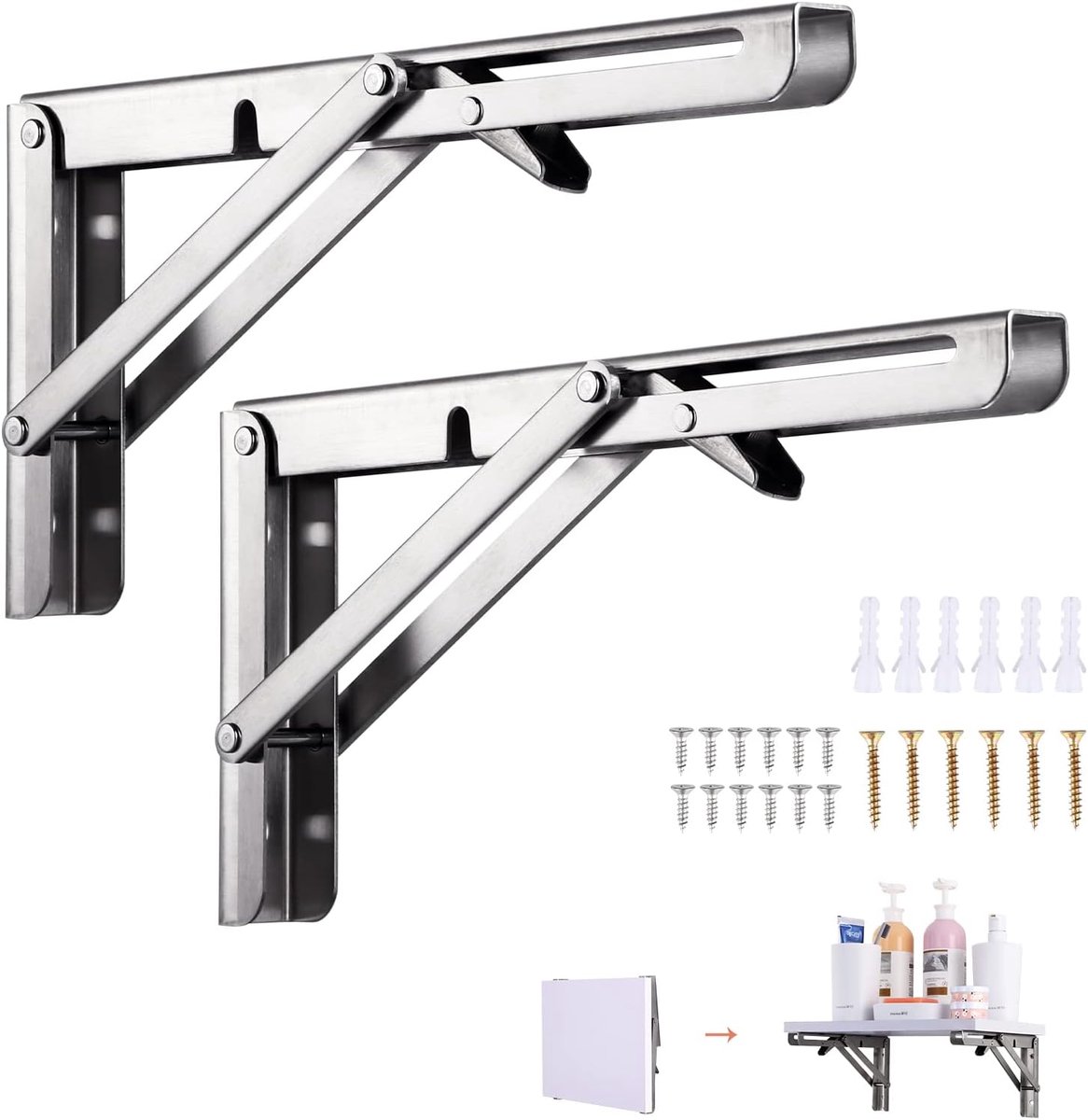 SnelShoppen - 2x Vouwbare Console Steunen 300 mm - RVS Triangel Plankdragers - Zware Kwaliteit - Max. 60 kg - Ruimtebesparend Wandmontage - Voor Vouwb