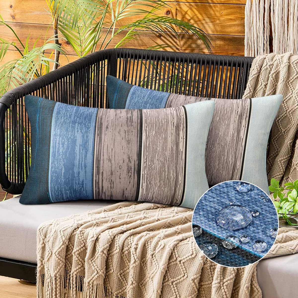 SnelShoppen - Set van 2 Kussenhoezen 30 x 50 cm - Waterdichte Linnenlook Kussenhoezen met Retro Houten Strepen - Decoratieve Blauw Grijze Kussens voor