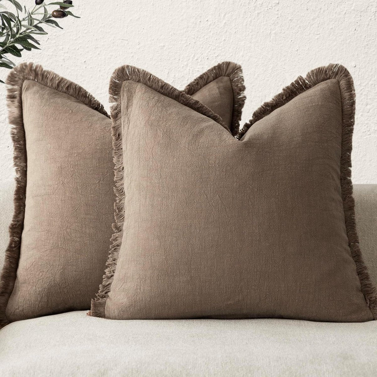 SnelShoppen - Set van 2 Decoratieve Kussenhoezen van Linnen met Franje - Boho Farmhouse Accent Kussen Covers met Tassels - Zachte Kussenhoezen voor Ba