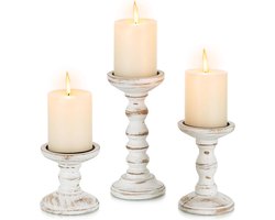 SnelShoppen - Set van 3 Houten Kaarsenhouders Country Style - Vintage Tafeldecoratie - Elegante Pillar Kaarsenstandaards voor Woonkamer en Eetkamer -
