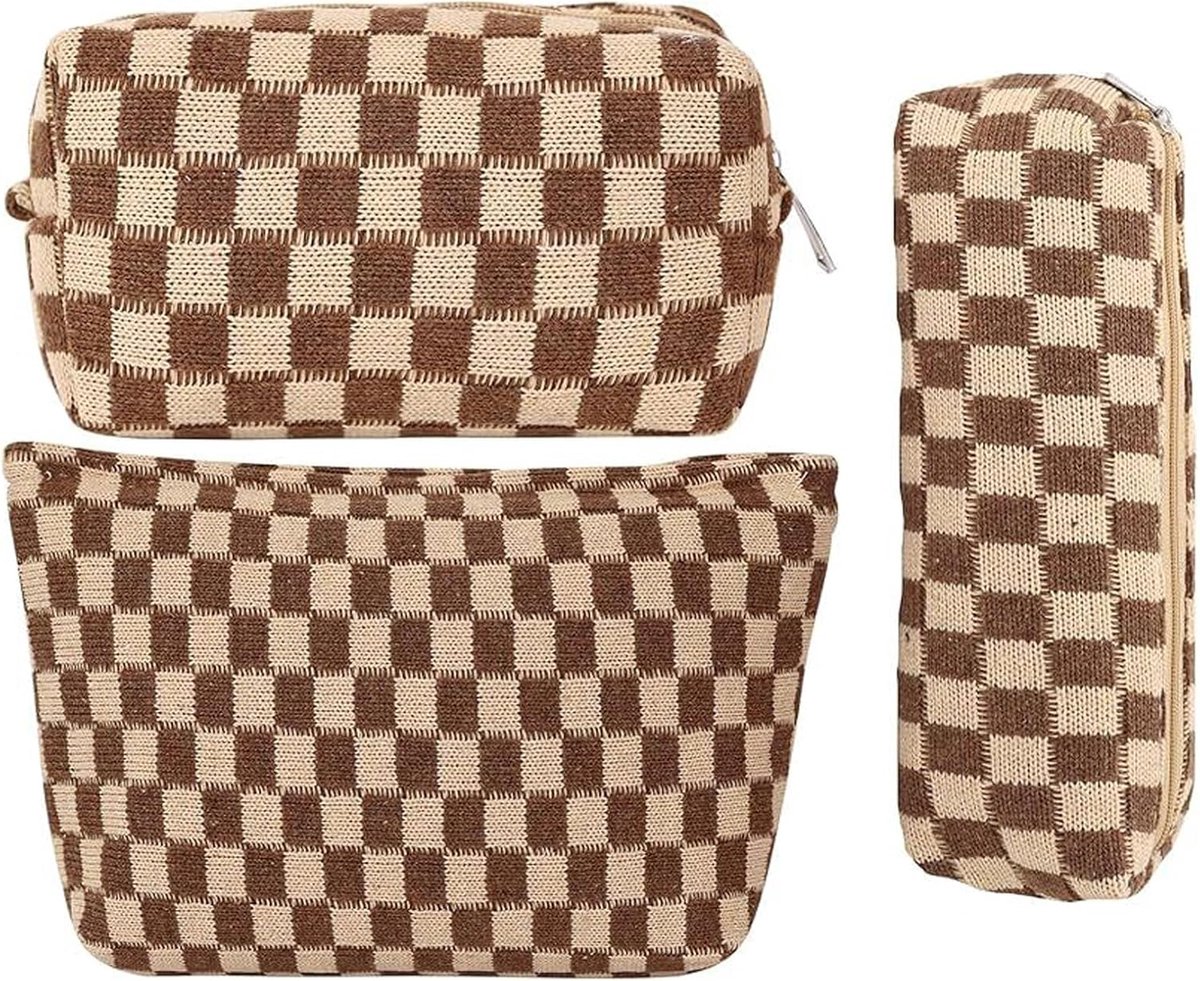 SnelShoppen - Cosmetic Bag met Rits 3 Stuks - Draagbare Toilettas Make-up Tas - Multifunctionele Cosmetica Tas voor Vrouwen - Bruin Ruitpatroon - Perf