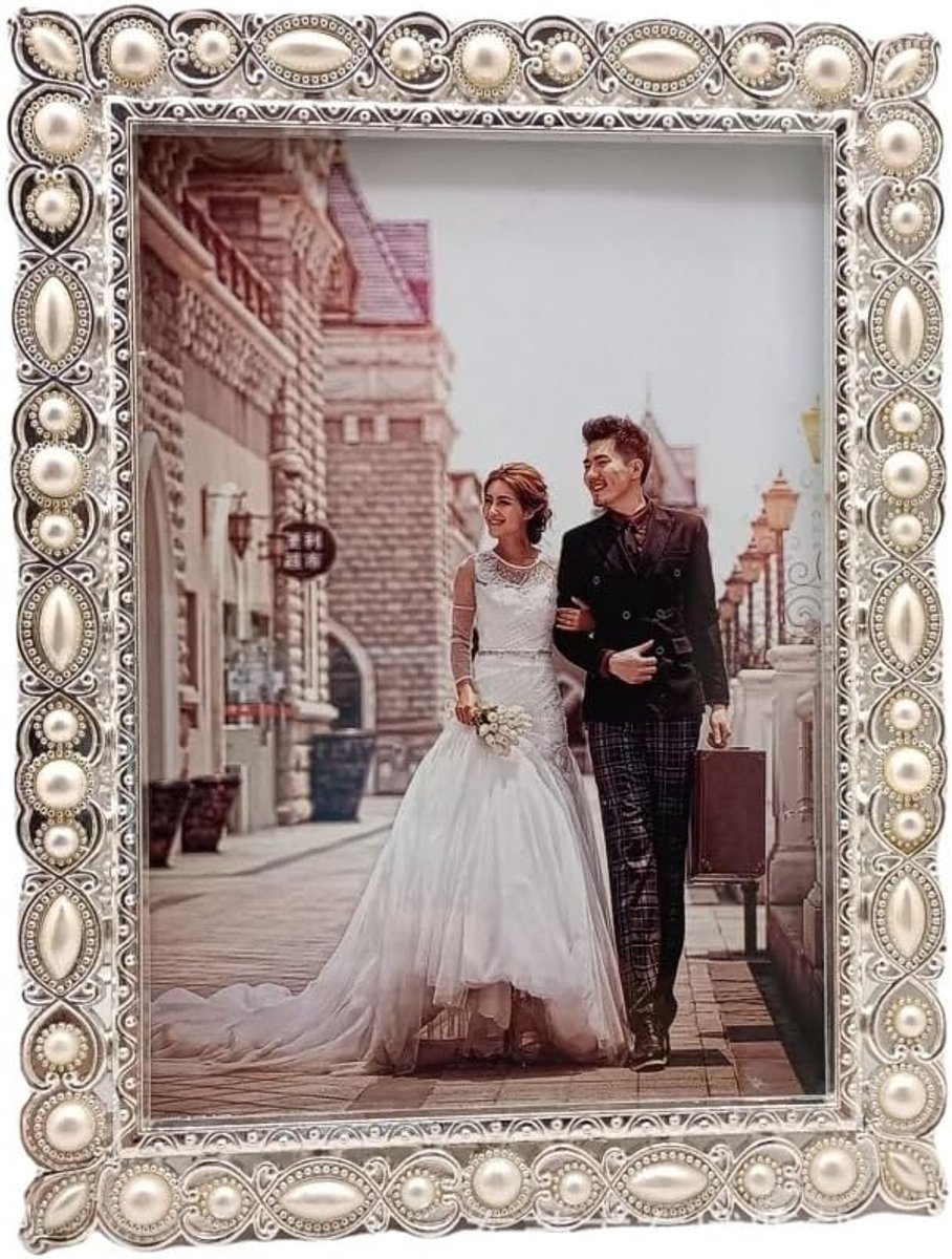 SnelShoppen - 5x7 Inch Foto Frame met Parels, Crystal Lijn, Zilver, Hoogwaardige Glazen Fotolijst voor Thuis en Kantoor, Perfect voor Feest en Cadeau