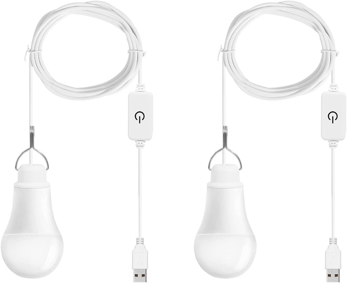 SnelShoppen - USB LED Bulb 7W Warm White Dimmable Set van 2 - Camping, Hiking, Emergency Lighting, Draagbare Verlichting met Kabel en Switch