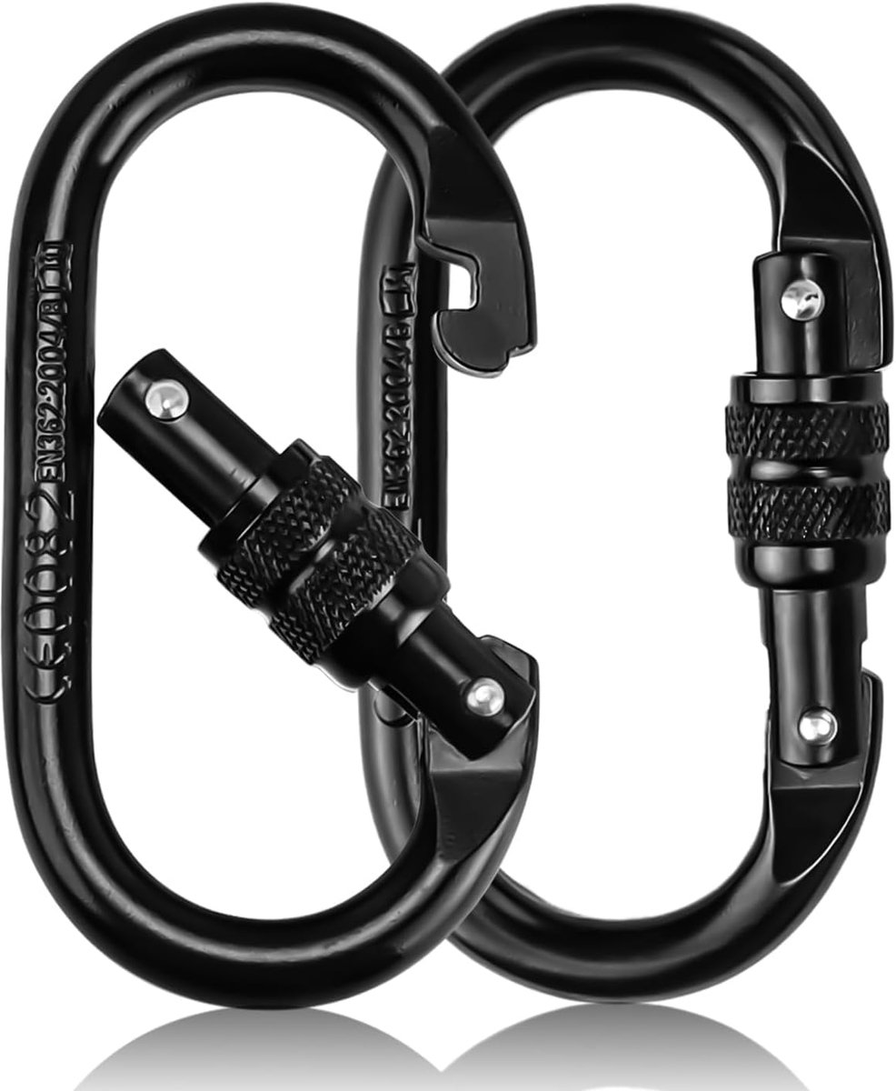 SnelShoppen - 25KN Schroef Carabiner 2 Stuks, RVS Grote Carabiner 11cm Zwart, Vergrendelbaar, Voor Hangmatten, Schommels, Tuin en Kamperen