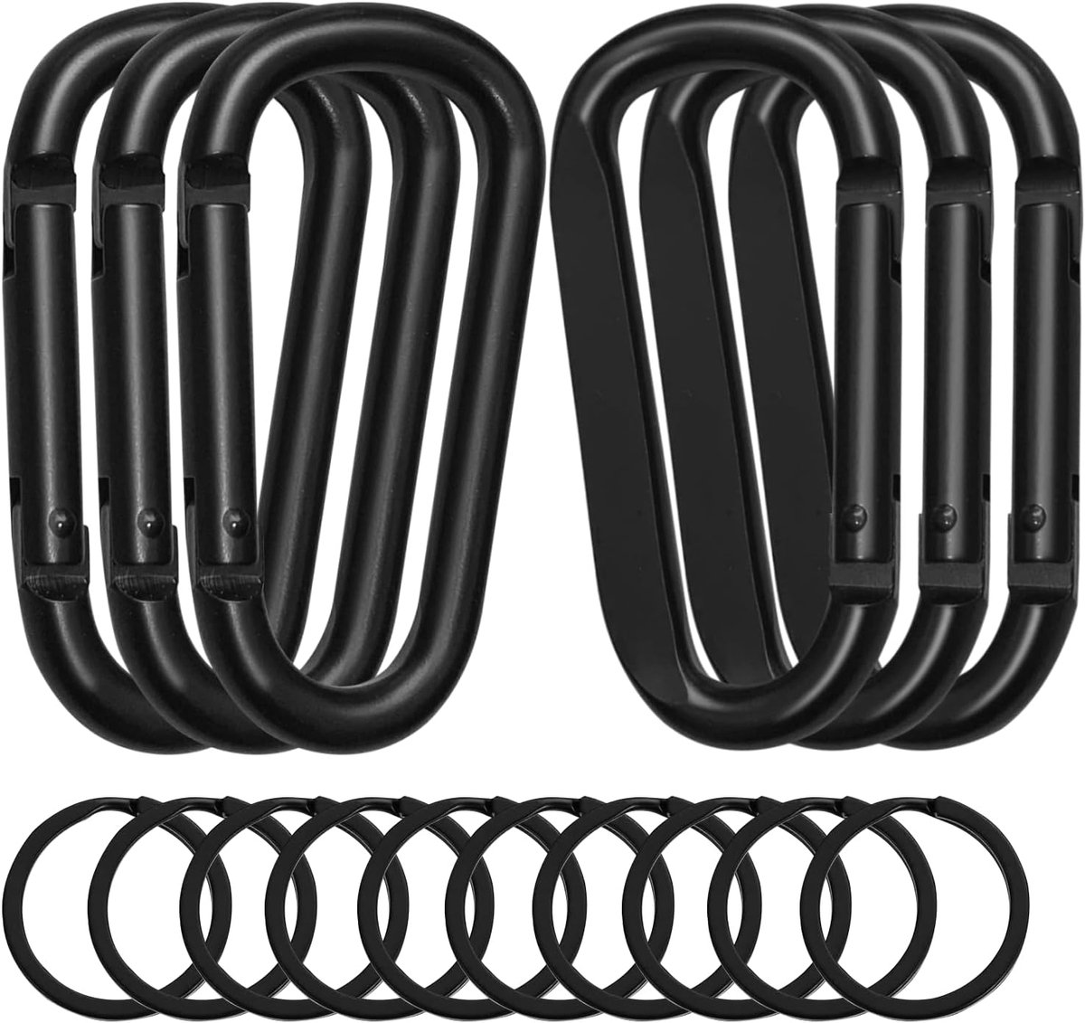 SnelShoppen - Pack van 6 Grote Carabiner Haken + 10 Ronde Carabiner Haken - Aluminium Legering, Zwart, D-Clip, Voor Kamperen, Buitenactiviteiten, Spor