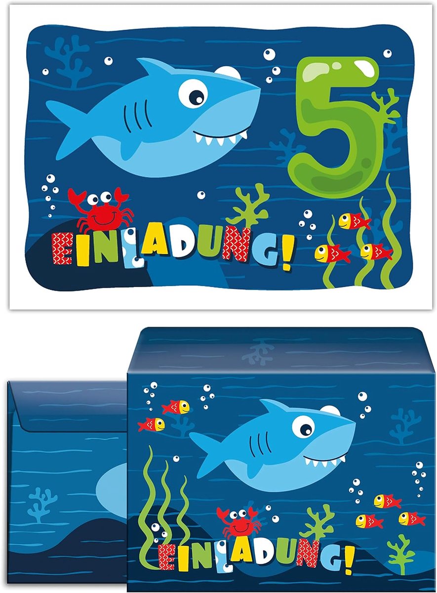SnelShoppen - 12 Shark Verjaardagsuitnodigingen + 12 Enveloppen voor 5de Verjaardag Kinderen - Kindvriendelijke Kaarten voor Feestjes - 300 g/m2 - 10.
