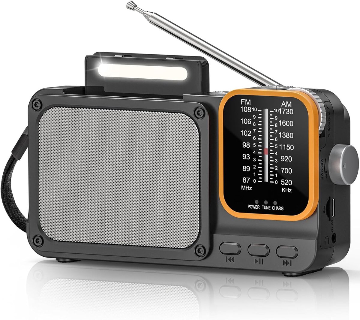 SnelShoppen - Draagbare AM/FM Transistor Radio met Bluetooth, 2400 mAh Accu, USB-C Opladen, Lezen Licht, Ideaal voor Camping, Tuin en Feesten