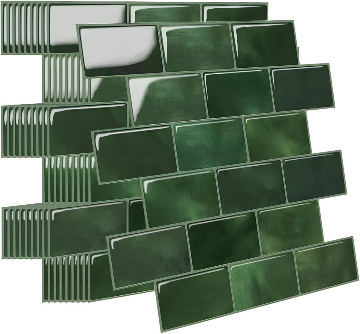 Dikke 3D Tegel Stickers, Groene Muurdecoratie, Zelfklevende Wandbekleding voor Badkamer en Keuken, Set van 10, Ideaal voor Keukenachterwand en Wandtegels, 30.5 x 30.5 cm