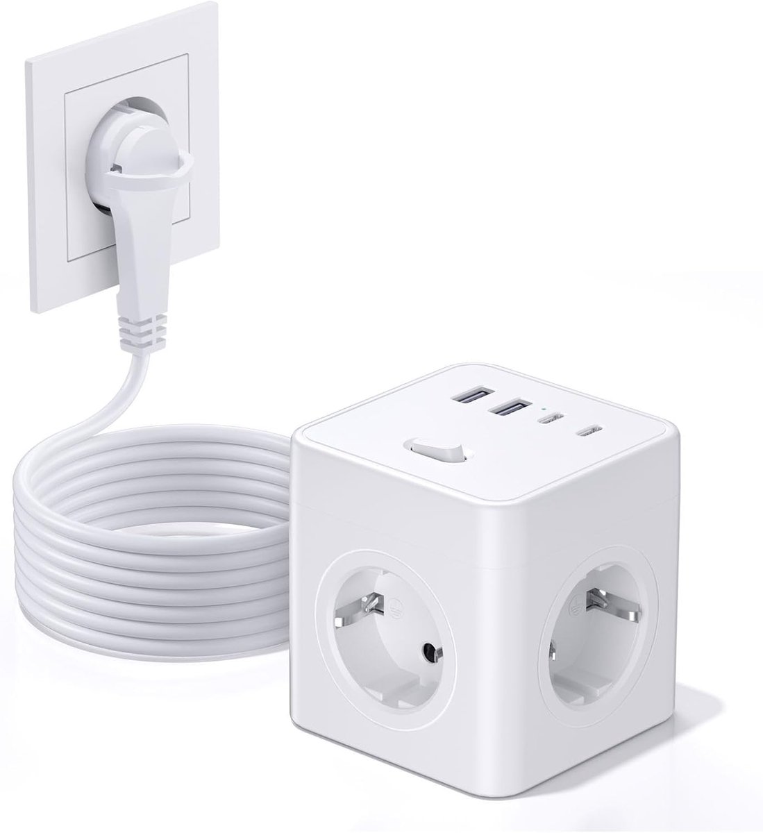 SnelShoppen - Plug Cube met USB, 8 in 1 Power Strip Flat Plug, Schakelaar, 4-Way Power Strip, 4 USB Poorten, 1.5M Kabel voor Thuis, Kantoor en Reis, W