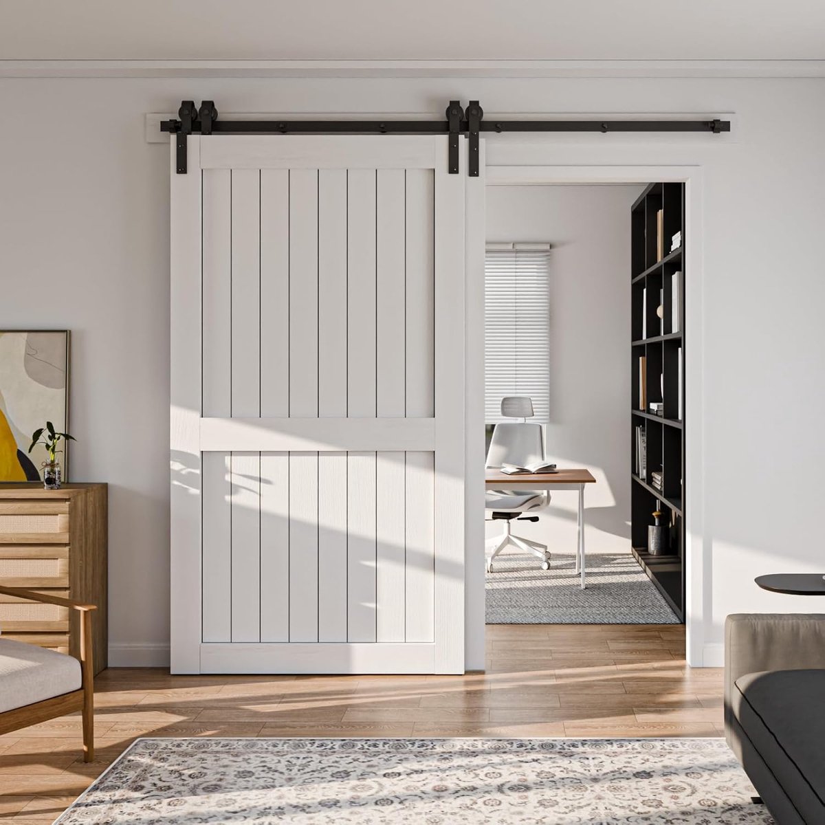 SnelShoppen - Sliding Door Fittings Bypass Set voor 2 Houten Deuren, 214 cm, Zwart, Robuust Staal, J-Vorm, Voor Deuren tot 150 kg, Ideaal voor Woonkam