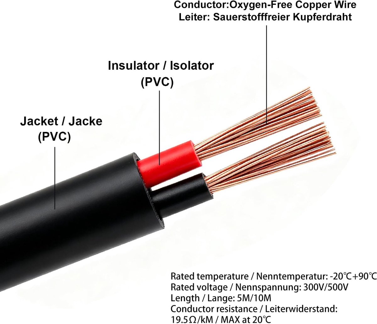 SnelShoppen - 10m KFZ 2x1.0 mm² Ronde Kabel, 12V 24V Voertuig Kabel, Flexibele 2-Draads Rode/Zwarte Trailer Kabel voor Elektrische Verbindingen