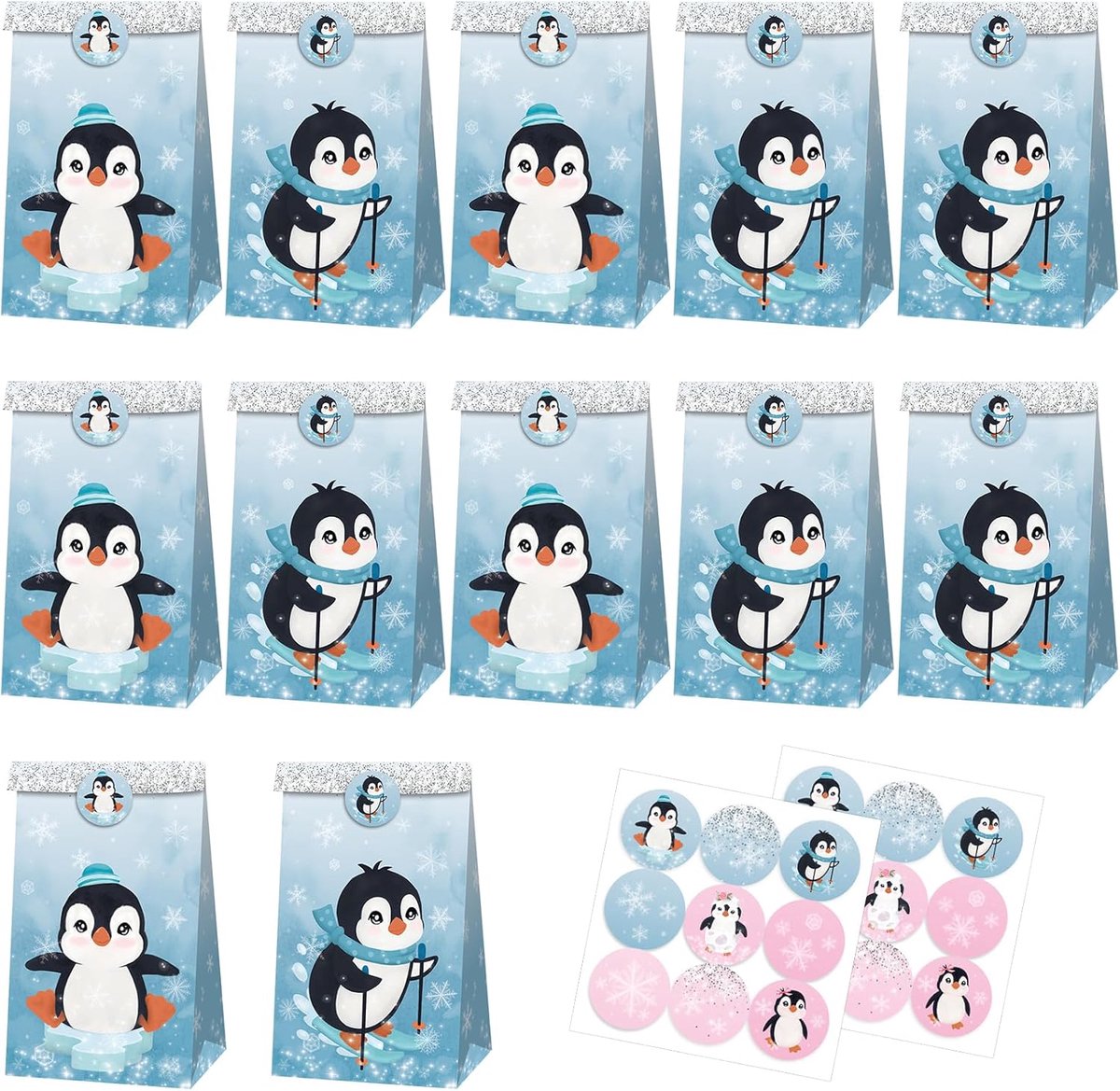 SnelShoppen - 12 Pinguïn Cadeauzakjes van Papier voor Kinderverjaardagsfeestjes, Snoepzakjes met 18 Pinguïn Stickers, Blauw, 22x12x8 cm, Perfect voor