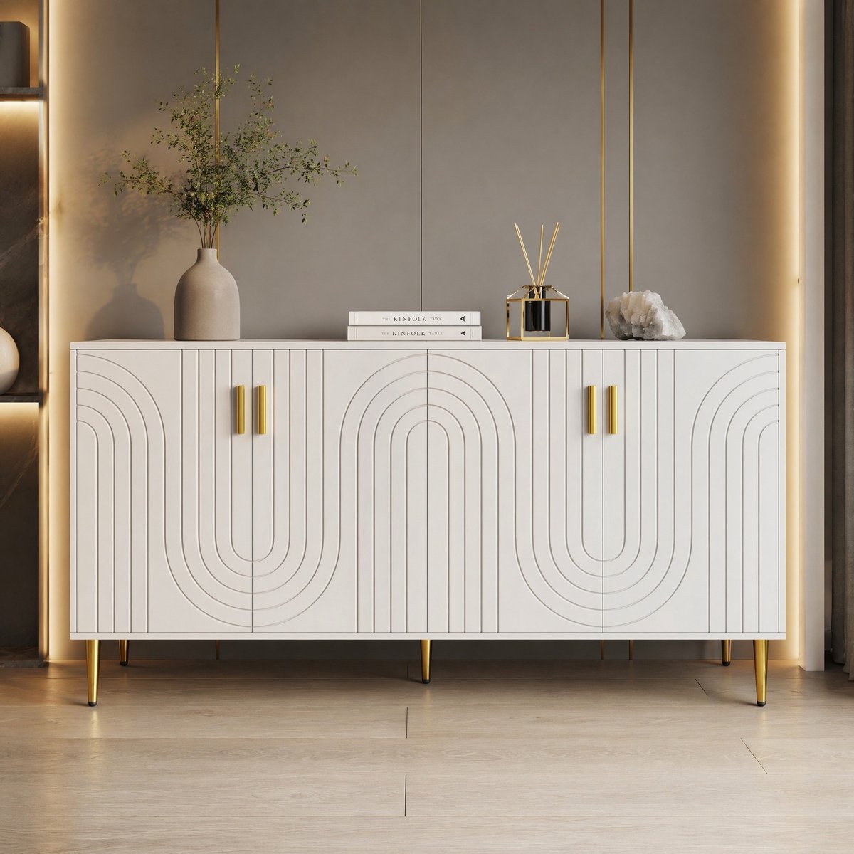 MODENUIT Dressoir - Wit MDF Met Wavelijn En Gouden Handgrepen - Voor Eetkamer En Woonkamer - 152x40x75 Cm