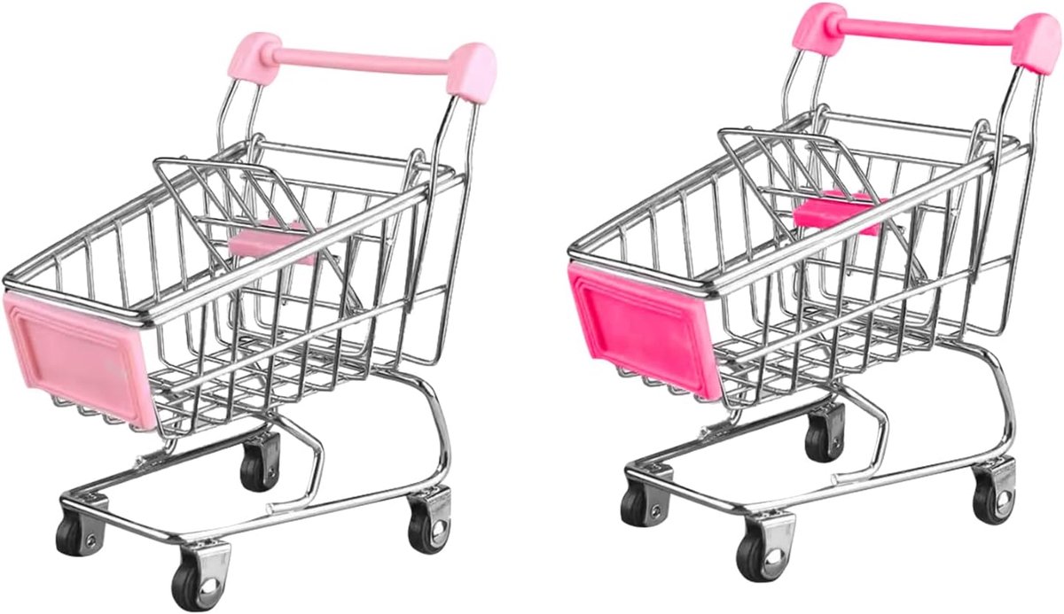 SnelShoppen - 2pcs Mini Shopping Cart Set - Schattige Mini Supermarkt Handwagens - Opslagmanden voor Makeup - Decoratie voor Tafel - Roze en Blauw - H