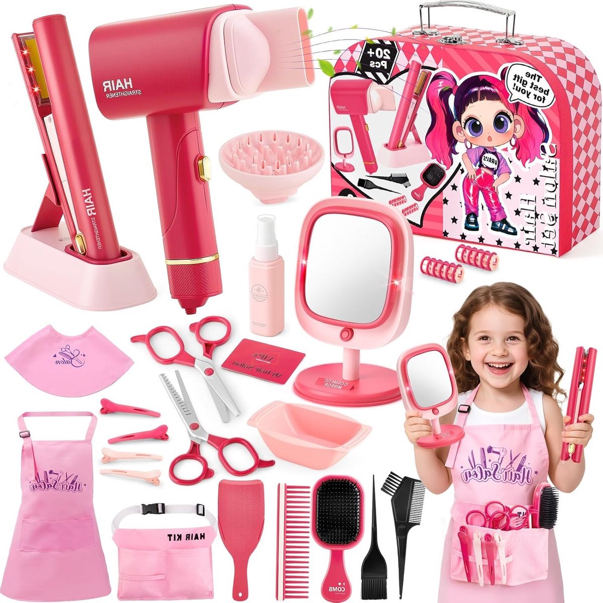 Complete Haarstyling Set voor Kinderen met Krultang, Spiegels, Scharen en Schort - Rollenspel Speelgoed voor Meisjes van 3 tot 8 Jaar