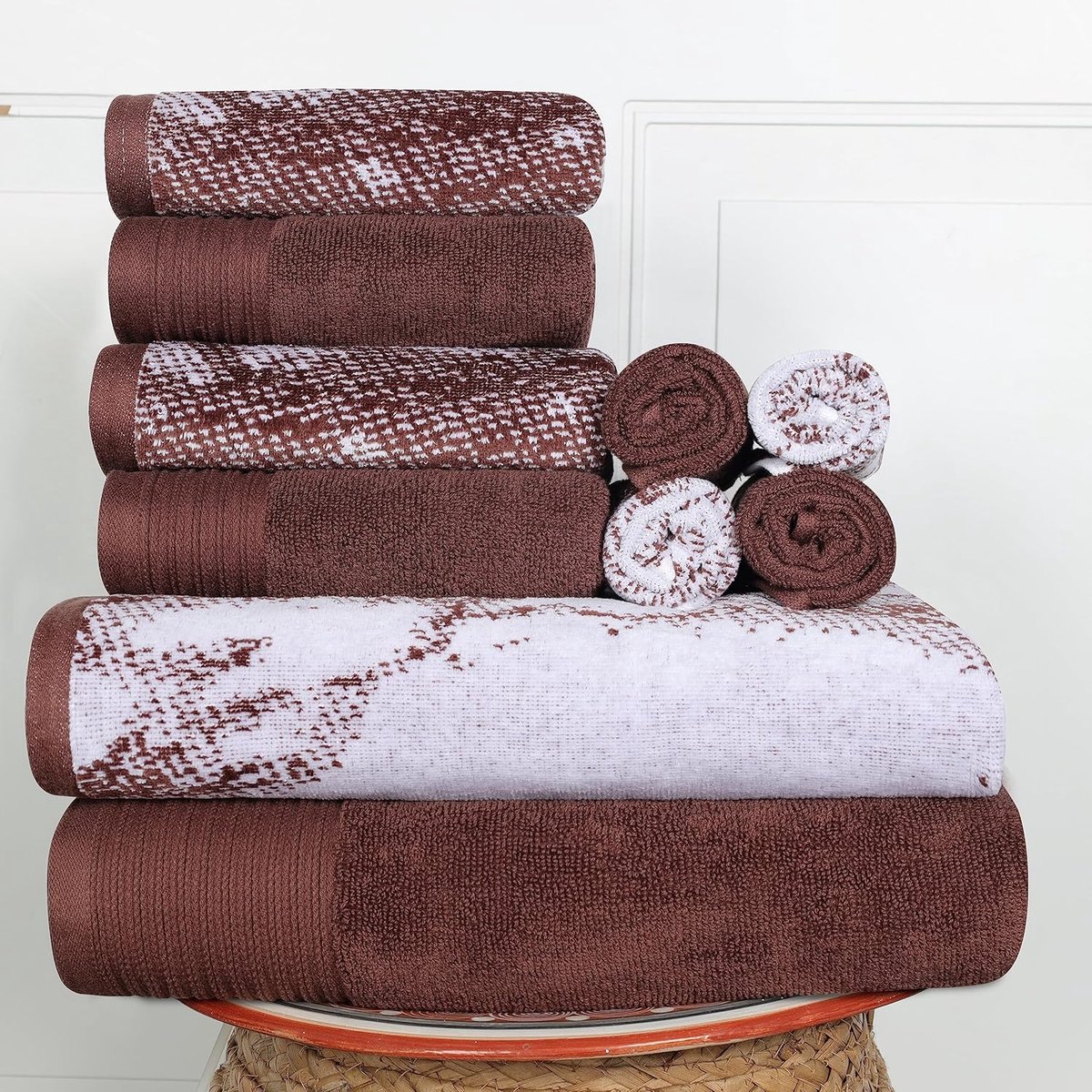 SnelShoppen - 100% Katoen Marmer Effect Handdoeken Set - Luxe Jacquard, Super Zacht en Absorberend - 2 Badhanddoeken, 4 Handdoeken, 4 Washandjes - Bru