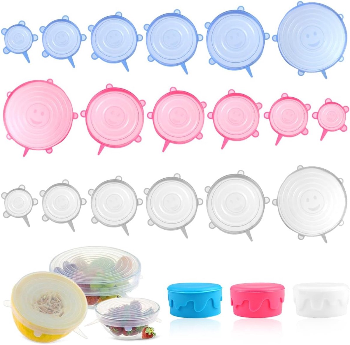 SnelShoppen - 18 Piezas Silicona Stretch Lids - Reusable Food Covers - 19/16/14/11.5/9/6 cm - Universale Deksel voor Kommen, Glazen, Blikken - Gezond