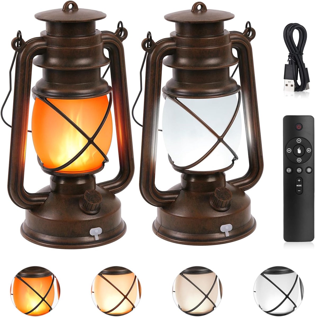SnelShoppen - Set van 2 Vintage LED Tuinlantaarns met Flicker Effect, 4 Verlichtingsmodi, Afstandsbediening, Oplaadbare USB Batterij, Retro Hanglamp v