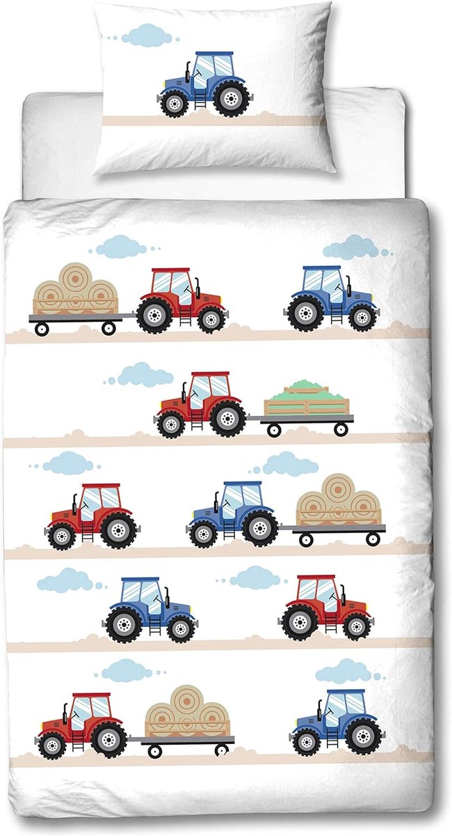 SnelShoppen - Tractor Baby Bed Linnen 135x100 cm Flanel / Biber met 1 Kussensloop 40x60 cm - Hoogwaardige Jongens Beddegoed in Wit, Blauw, Rood - Wasb