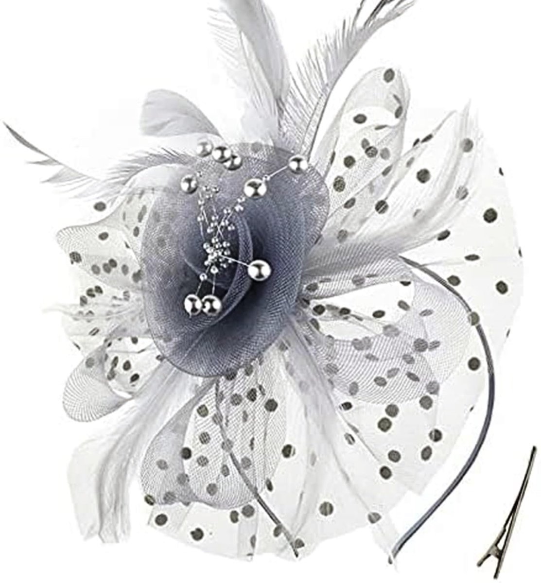 SnelShoppen - Vintage Feathers Bowler Hat met Mesh Flower Heart Haaraccessoire voor Vrouwen en Meisjes - Grijs - Perfect voor Feestjes en Speciale Gel