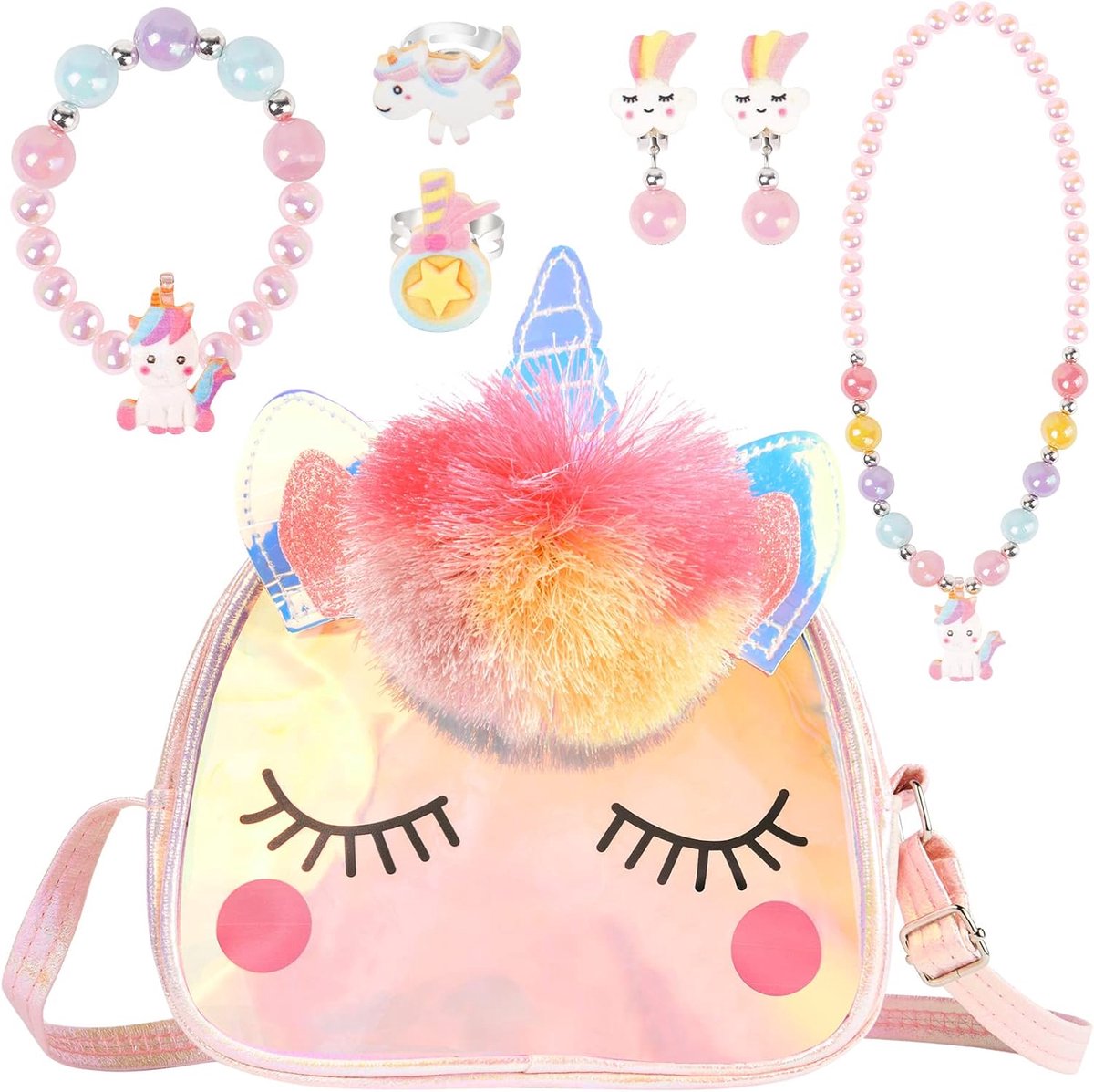 SnelShoppen - Unicorn Schoudertas met Sieraad Set - Unicorn Handtas Inclusief Armband, Ketting, Ringen en Oorbellen - Perfect voor Feestjes en Kindere