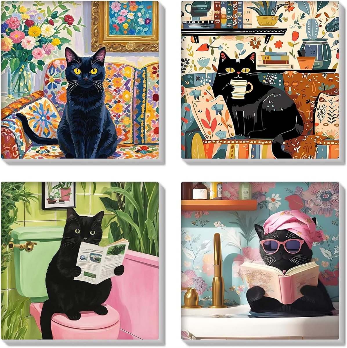SnelShoppen - Schilderen op Nummer voor Volwassenen - DIY Dierenschilderijen - 4 Stuks Katten Schilderij - 20x20cm - Acrylverf - Decoratie voor Thuis