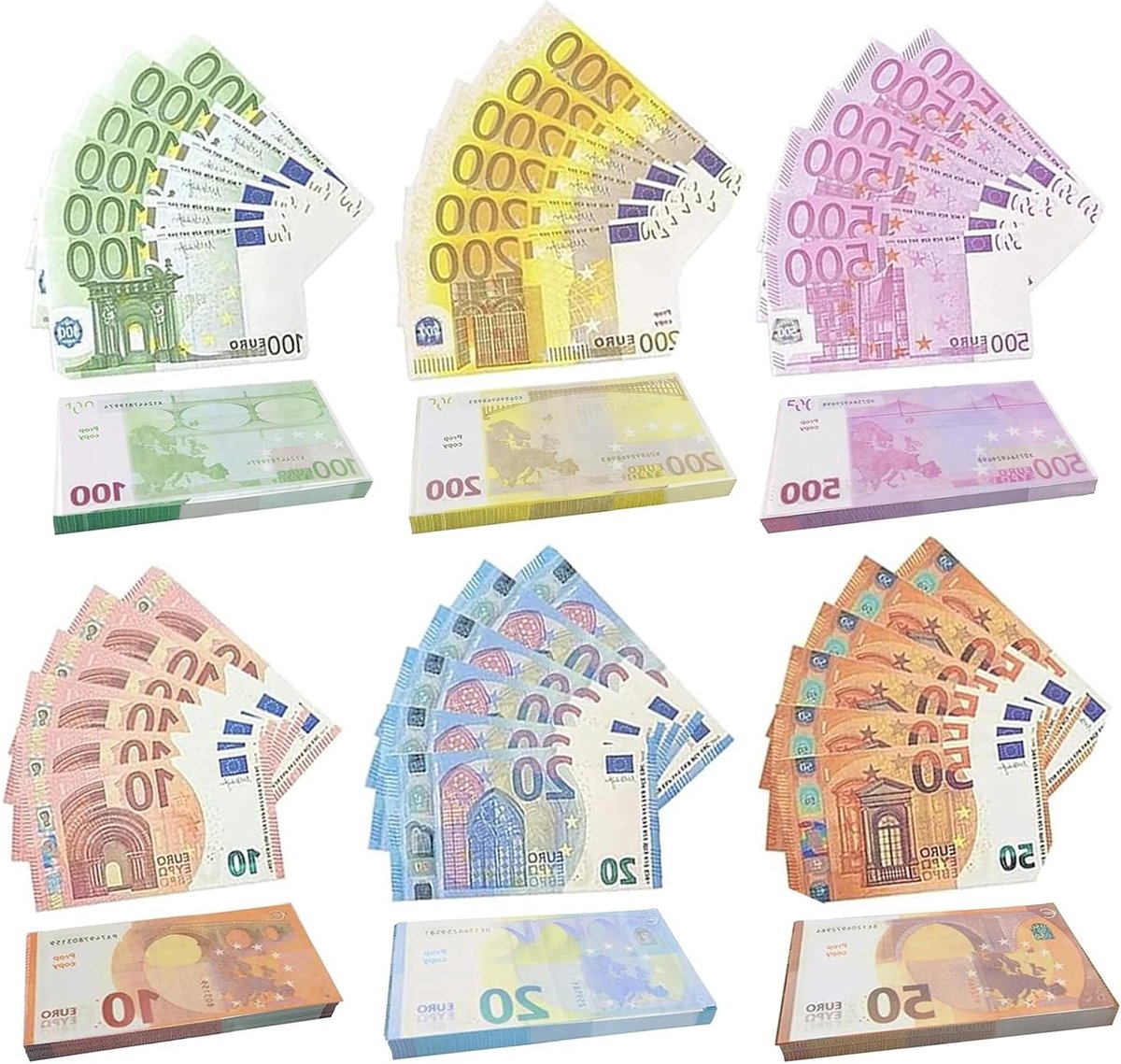Speelgeldset met 120 vellen eurobankbiljetten in diverse coupures voor educatief spelplezier en valuta-kennis