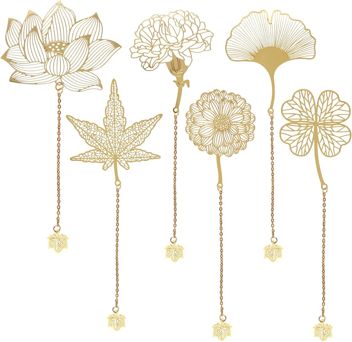 SnelShoppen - 6 Stuks Metalen Boekenleggers met Ketting en Bedel - Ginkgo, Kruidnagel, Esdoornblad, Lotus, Klavertje Vier en Bladnerf - Voor Boekenlie