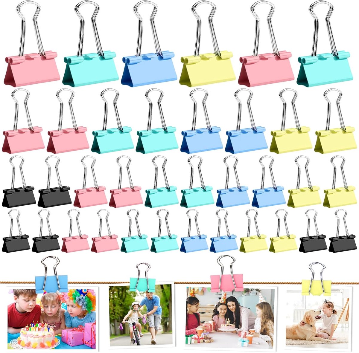 SnelShoppen - 100 Stuks Vouwbare Back Clips - Grote Set Papieren Clips - Multi-Functionele Mini Ring Clips 15mm 19mm 25mm 32mm - Kleurige Metalen Kant