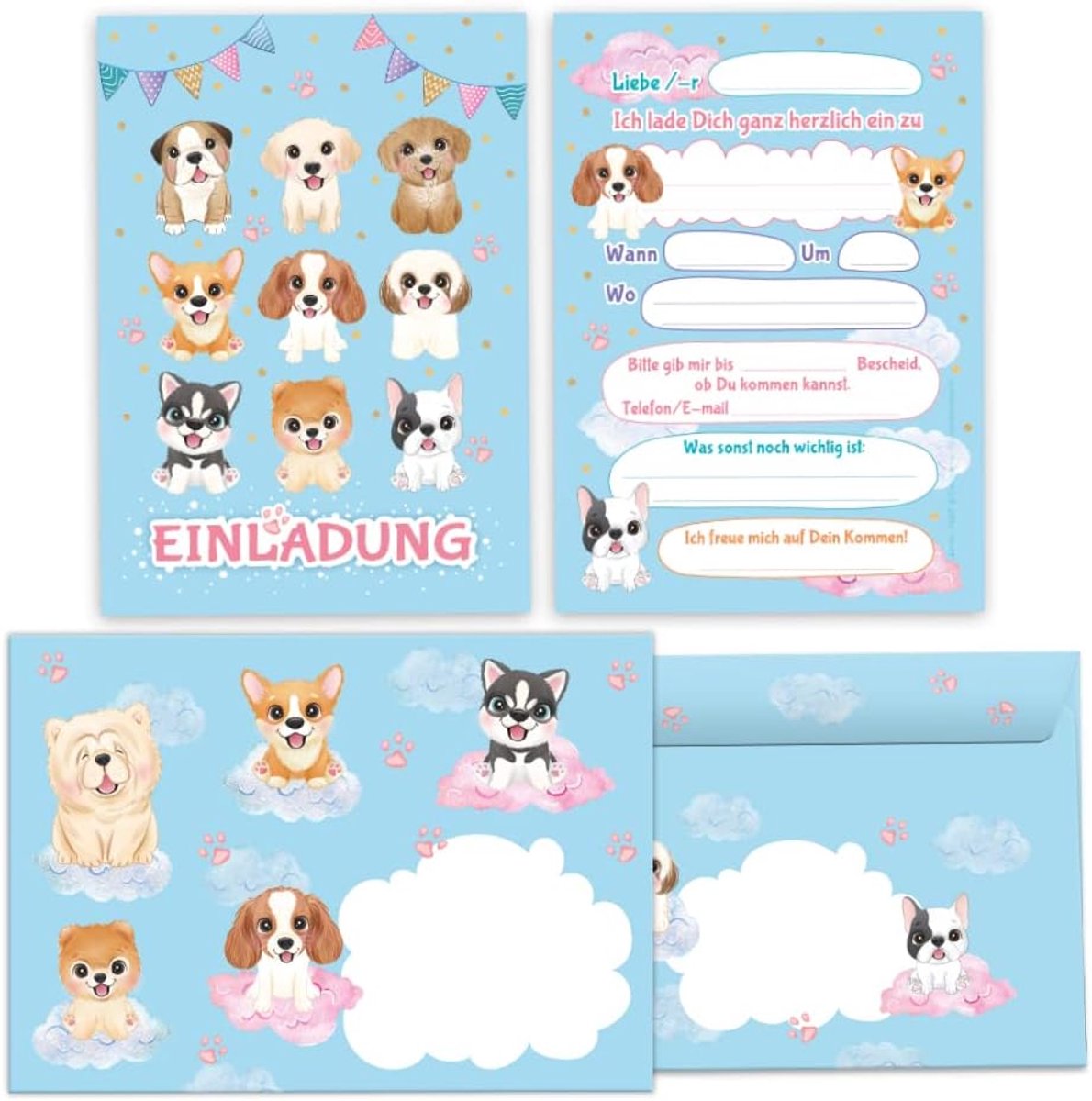 SnelShoppen - 12 Uitnodigingskaarten Voor Kinderen - Verjaardag - Meisjes - Honden - Inclusief 12 Enveloppen - 300 g/m² - Zelfklevend - 10.5 x 14.8 cm