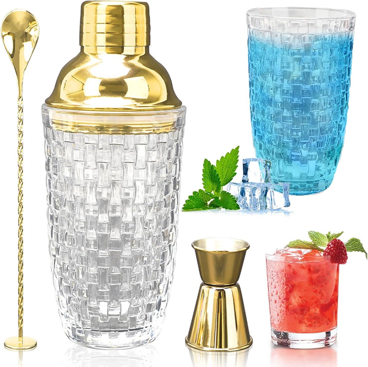 SnelShoppen - Glass Cocktail Shaker 400ml - Cocktail Shaker Set met RVS Maatbeker en Spatel - Glass Shaker voor Thuisbar, Wijn, Gemengde Fruit Sappen,