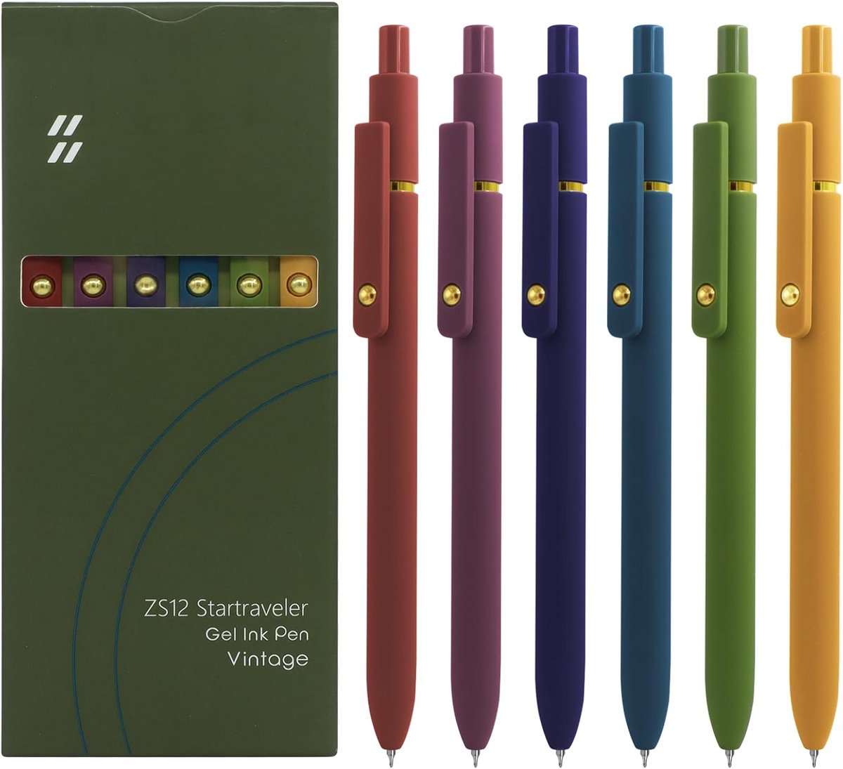 SnelShoppen - Gelpennen Set van 6 - 0.5mm Fijne Punt Zwarte Inkt - Soepele Schrijfervaring met Siliconen Grip - Hoge Kwaliteit Metalen Clip - Vintage