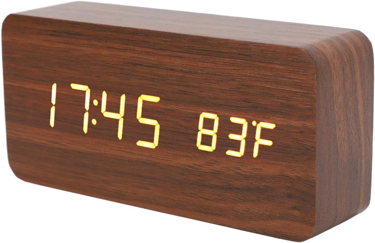 SnelShoppen - Digitale Houten Alarmklok voor Slaapkamers, LED Klok met Stembesturing, 12/24 Uur Weergave, 3 Instellbare Helderheden, USB of Batterij,
