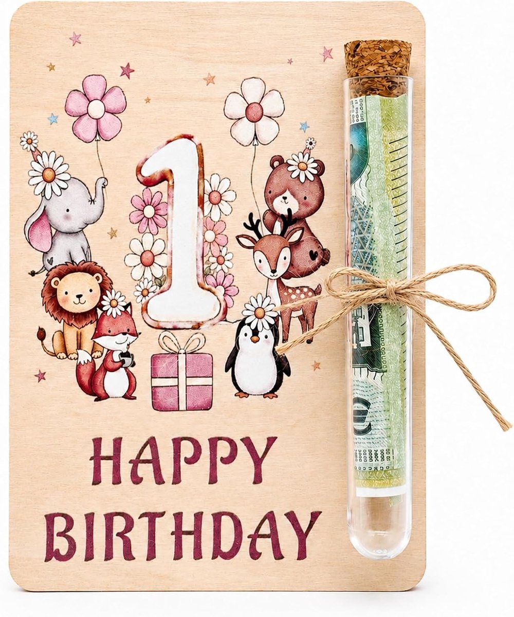 Thijox - Houten Geldgeschenk Verjaardag 1 Jaar, 1e Verjaardag Jongens en Meisjes, Happy Birthday Cadeau Verpakking met Reageerbuis, Leuke Verjaardagsk