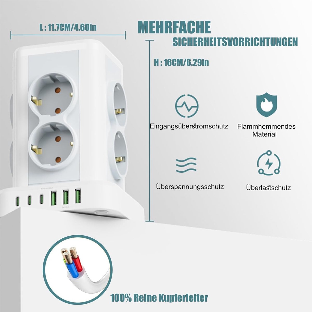 Thijox - Stekkerdoos 8-voudig met Schakelaar, Meervoudig Stopcontact, Overspanningsbeveiliging, 4000 W, 16 A, Stekkertoren met 2 m Verlengkabel voor T