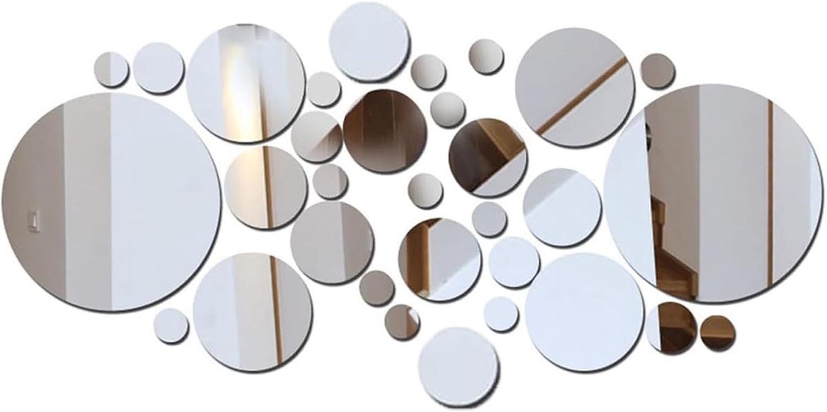 SnelShoppen - 32pcs Ronde Spiegel Stickers Acryl Wandspiegels DIY Decoratie voor Badkamer, Woonkamer en Kledingkast - Verwijderbaar, Zilver