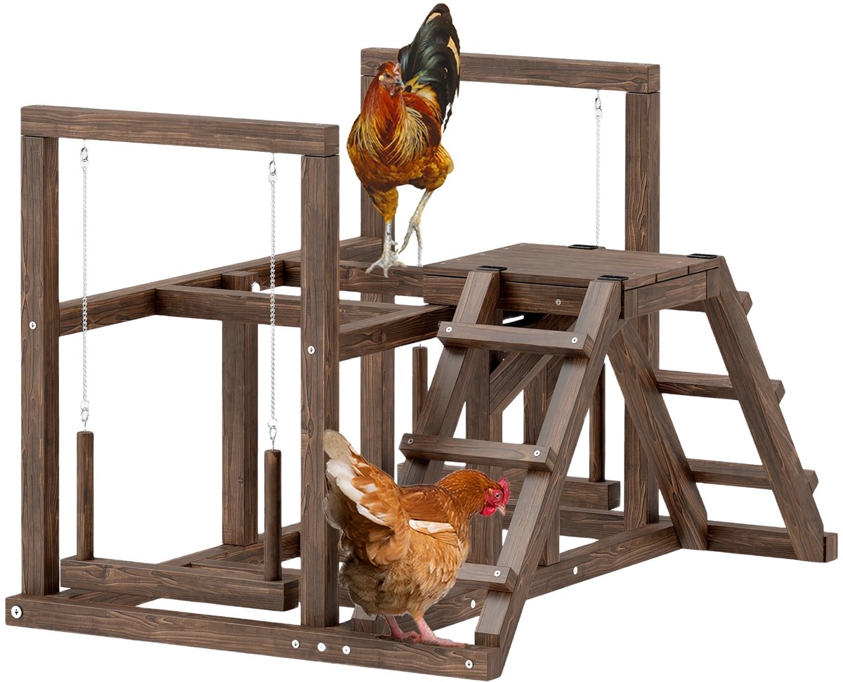 Houten Kippen Speelzitstok – Met Zitstangen, Schommel, Ladder & Platforms – Bruin