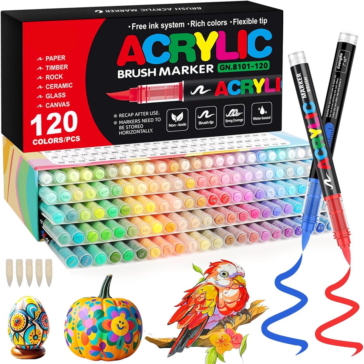 SnelShoppen - 120 Kleuren Acryl Stiften Set met Zachte Borstelpunt - Waterdichte Acryl Markers voor Steen, Glas, Stof, Eieren en DIY Creaties